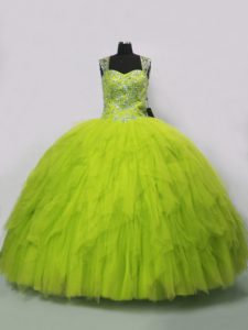 Fashion Yellow Green Straps Lace Up Beading and Ruffles Ball Gown Prom Dress Sleeveless