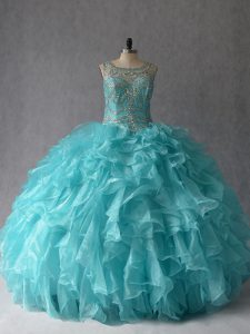 Best Aqua Blue Sleeveless Organza Lace Up Quinceanera Gowns for Sweet 16 and Quinceanera