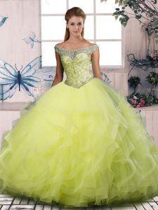 Custom Designed Yellow Green Ball Gowns Tulle Off The Shoulder Sleeveless Beading and Ruffles Floor Length Lace Up Quinceanera Gowns