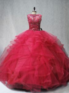 Super Beading and Ruffles Sweet 16 Quinceanera Dress Coral Red Lace Up Sleeveless Brush Train