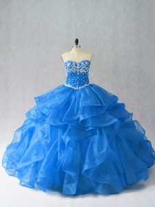 Adorable Sleeveless Floor Length Beading and Ruffles Lace Up Vestidos de Quinceanera with Blue
