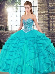 Gorgeous Aqua Blue Sleeveless Beading and Ruffles Floor Length Quinceanera Gown