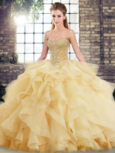 Custom Made Gold Ball Gowns Sweetheart Sleeveless Tulle Brush Train Lace Up Beading and Ruffles Quinceanera Dress
