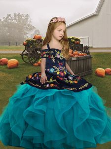 Teal Ball Gowns Embroidery and Ruffles Pageant Dress for Girls Lace Up Tulle Sleeveless Floor Length