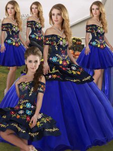 Fine Royal Blue Tulle Lace Up Off The Shoulder Sleeveless Floor Length Sweet 16 Dresses Embroidery
