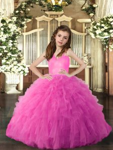 Unique Hot Pink Straps Lace Up Ruffles Pageant Dress Womens Sleeveless