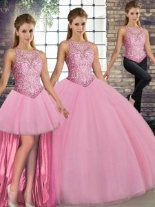 Floor Length Pink Party Dresses Tulle Sleeveless Embroidery