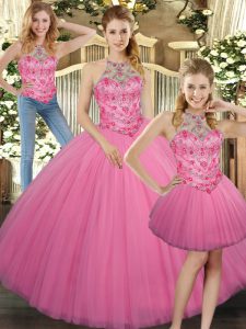 Decent Halter Top Sleeveless Lace Up Sweet 16 Quinceanera Dress Rose Pink Tulle