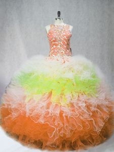 Vintage Scoop Sleeveless Sweet 16 Quinceanera Dress Floor Length Beading and Ruffles Multi-color Tulle
