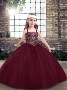 Popular Straps Sleeveless Little Girls Pageant Dress Floor Length Beading Burgundy Tulle