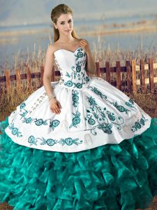 Enchanting Floor Length Lace Up Vestidos de Quinceanera Turquoise for Sweet 16 and Quinceanera with Embroidery and Ruffles