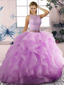 Glorious Scoop Sleeveless Quinceanera Dresses Floor Length Beading and Ruffles Lilac Tulle