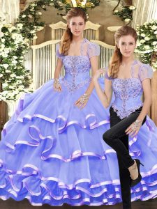 Fitting Strapless Sleeveless Lace Up Vestidos de Quinceanera Lavender Organza