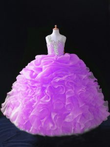 Lilac Ball Gowns Organza Straps Sleeveless Beading and Ruffles and Pick Ups Floor Length Zipper Pageant Gowns For Girls