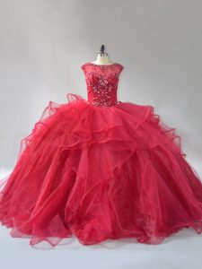 Sleeveless Organza Brush Train Lace Up Sweet 16 Dresses in Wine Red with Beading and Ruffles