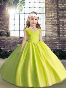 Yellow Green Lace Up Kids Formal Wear Beading Sleeveless Floor Length
