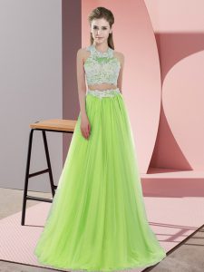 Free and Easy Floor Length Zipper Damas Dress Yellow Green for Wedding Party with Lace