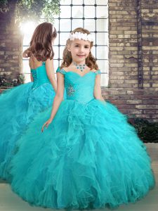 Eye-catching Aqua Blue Sleeveless Floor Length Beading and Ruffles Lace Up Child Pageant Dress