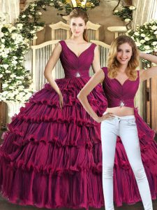 Burgundy Organza Backless V-neck Sleeveless Floor Length Ball Gown Prom Dress Beading and Ruffled Layers