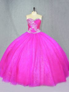 Pretty Floor Length Fuchsia Ball Gown Prom Dress Tulle Sleeveless Beading