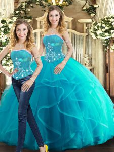 Stylish Aqua Blue Sleeveless Tulle Lace Up Quinceanera Gowns for Sweet 16 and Quinceanera