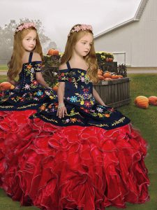 Red Lace Up Child Pageant Dress Embroidery and Ruffles Sleeveless Floor Length