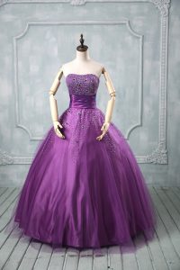 Strapless Sleeveless Tulle Quinceanera Gowns Beading Lace Up