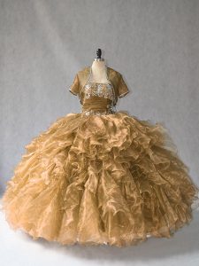 Brown Organza Lace Up Strapless Sleeveless Floor Length Sweet 16 Dresses Beading and Ruffles