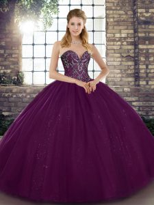 Dark Purple Tulle Lace Up Quinceanera Gowns Sleeveless Floor Length Beading