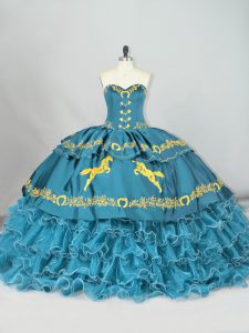 Most Popular Sleeveless Brush Train Embroidery and Ruffled Layers Lace Up 15th Birthday Dress