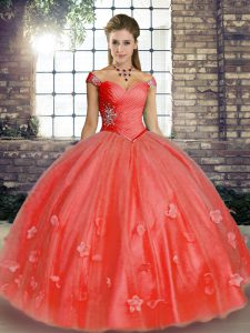 Watermelon Red Sleeveless Floor Length Beading and Appliques Lace Up Quinceanera Gowns