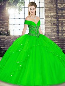Custom Made Floor Length Green Sweet 16 Dresses Tulle Sleeveless Beading and Ruffles
