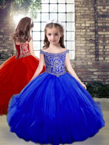 Perfect Royal Blue Side Zipper Off The Shoulder Beading Girls Pageant Dresses Tulle Sleeveless