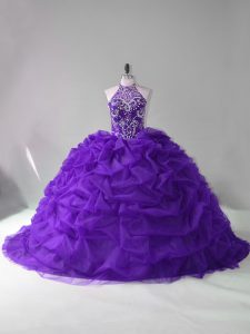 On Sale Purple Sweet 16 Dress Sweet 16 and Quinceanera with Beading and Pick Ups Strapless Sleeveless Court Train Lace Up