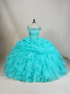 Ideal Floor Length Lace Up Party Dress for Girls Aqua Blue for Sweet 16 and Quinceanera with Beading and Ruffles