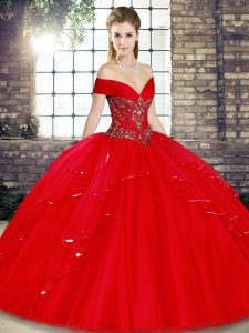 Floor Length Red Quinceanera Dress Tulle Sleeveless Beading and Ruffles