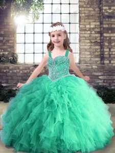 Floor Length Turquoise Little Girls Pageant Gowns Tulle Sleeveless Beading and Ruffles