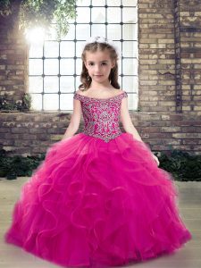 Fuchsia Sleeveless Tulle Lace Up Child Pageant Dress for Party and Wedding Party