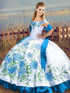 Pretty Blue And White Sleeveless Floor Length Embroidery Lace Up 15 Quinceanera Dress