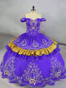Purple Ball Gowns Satin Off The Shoulder Sleeveless Embroidery Floor Length Lace Up 15 Quinceanera Dress