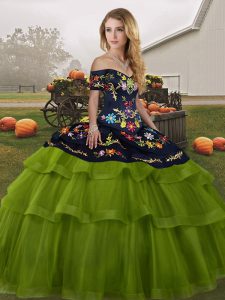 Adorable Olive Green Quinceanera Dress Off The Shoulder Sleeveless Brush Train Lace Up