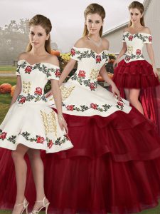 Fashion Lace Up Quinceanera Dress Wine Red for Military Ball and Sweet 16 and Quinceanera with Embroidery and Ruffled Layers Brush Train