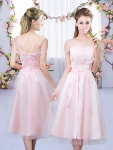 Baby Pink Lace Up Sweetheart Lace and Belt Quinceanera Dama Dress Tulle Short Sleeves