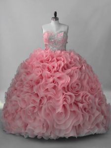 Lace Up Military Ball Dresses Pink for Sweet 16 and Quinceanera with Beading Brush Train