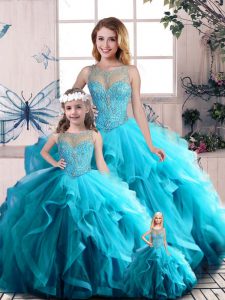 Aqua Blue 15th Birthday Dress Sweet 16 and Quinceanera with Beading and Ruffles Scoop Sleeveless Lace Up