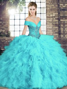 Dazzling Aqua Blue Sleeveless Tulle Lace Up Party Dress for Girls for Military Ball and Sweet 16 and Quinceanera
