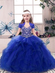 Trendy Floor Length Ball Gowns Sleeveless Royal Blue Little Girl Pageant Dress Lace Up
