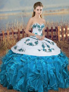 Blue And White Organza Lace Up 15 Quinceanera Dress Sleeveless Floor Length Embroidery and Ruffles and Bowknot