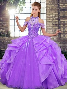Suitable Floor Length Lace Up Quinceanera Gowns Lavender for Military Ball and Sweet 16 and Quinceanera with Beading and Ruffles