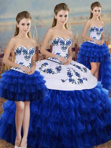 Amazing Sleeveless Floor Length Embroidery and Ruffled Layers and Bowknot Lace Up Ball Gown Prom Dress with Royal Blue